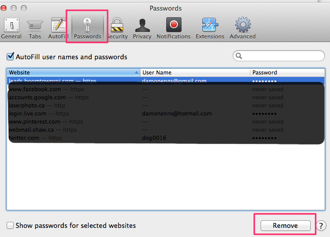 Safari username password